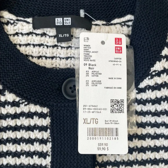 NWT Uniqlo Women's Knitted Short Stripped Cardigan - Black / White - Size XL - Picture 4 of 4